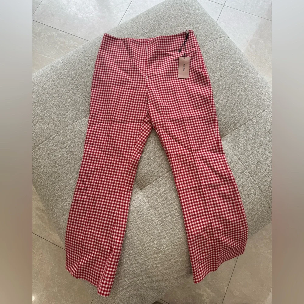 Miu Miu Red Gingham Check Flared Wool Trousers SZ 44 NWT - Picture 4 of 10